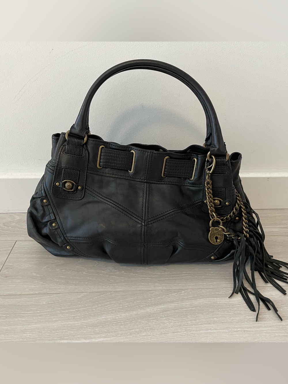 Juicy Couture Black Leather Shoulder Bag with Fringe Charm